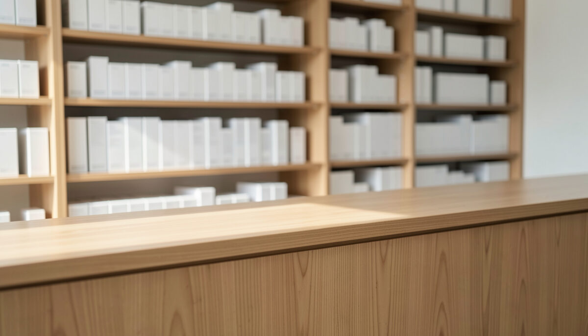 A wooden pharmacy counter seen from the customer side, shelves of plain white boxes softly blurred behind it