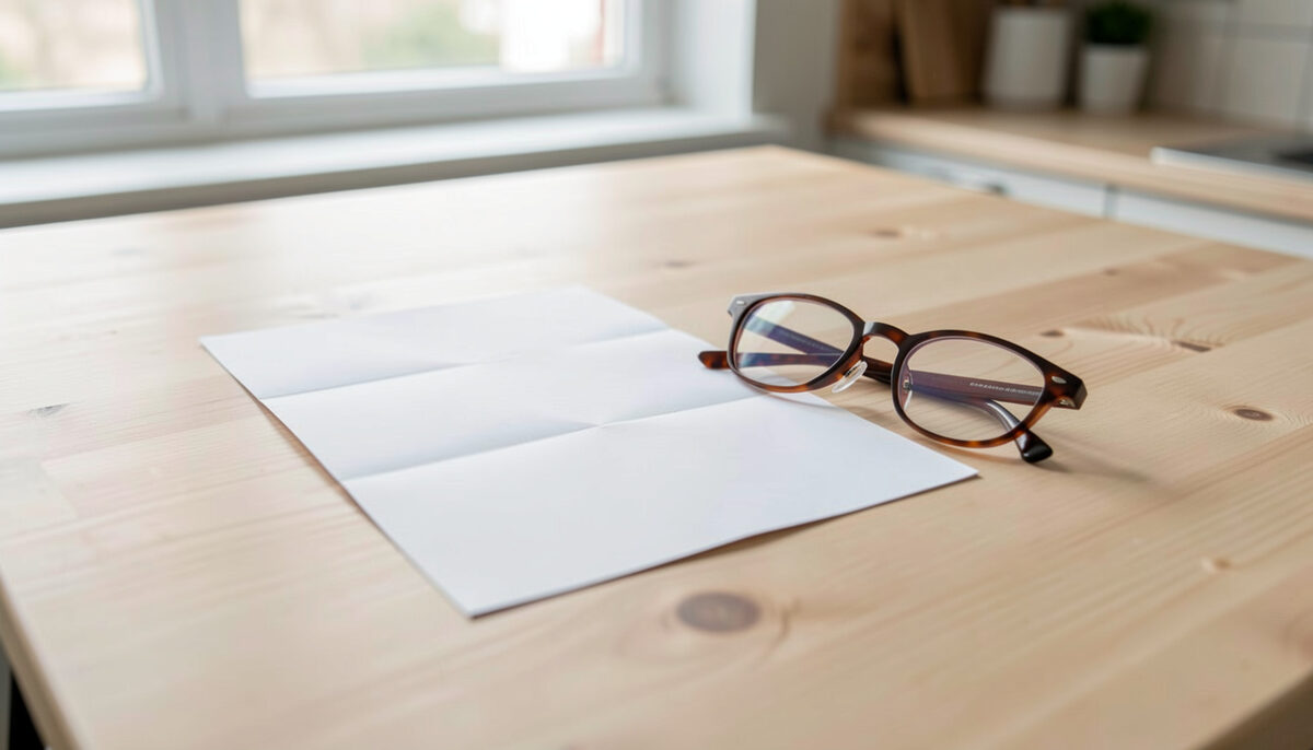 A folded blank white paper sheet and a pair of reading glasses on a pale wooden kitchen table in window light