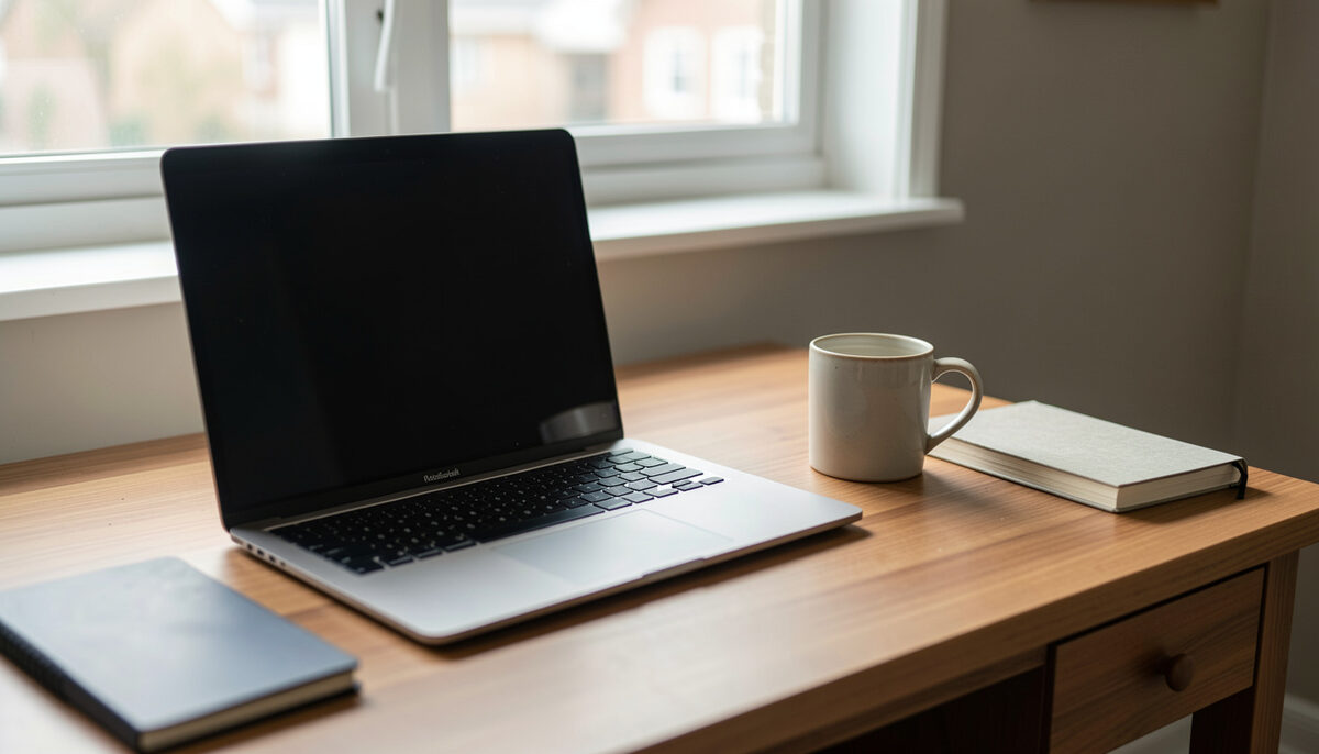 A laptop with its screen turned away on a wooden home desk, a ceramic mug and a closed notebook beside it