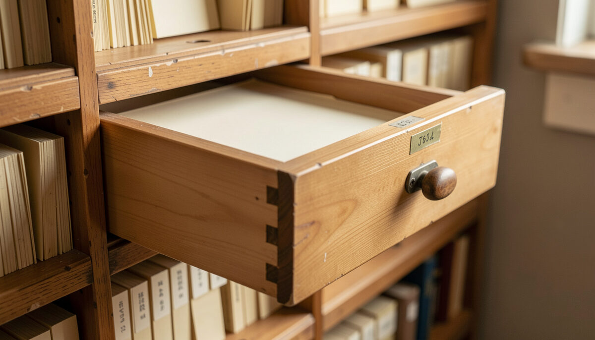 A half open wooden card catalogue drawer showing the plain edges of index cards in an old library cabinet