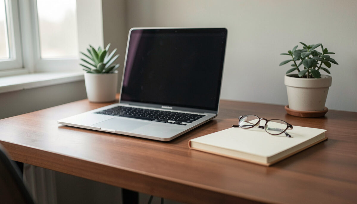 A home desk with an open laptop, a notebook and reading glasses lit by soft light from the window