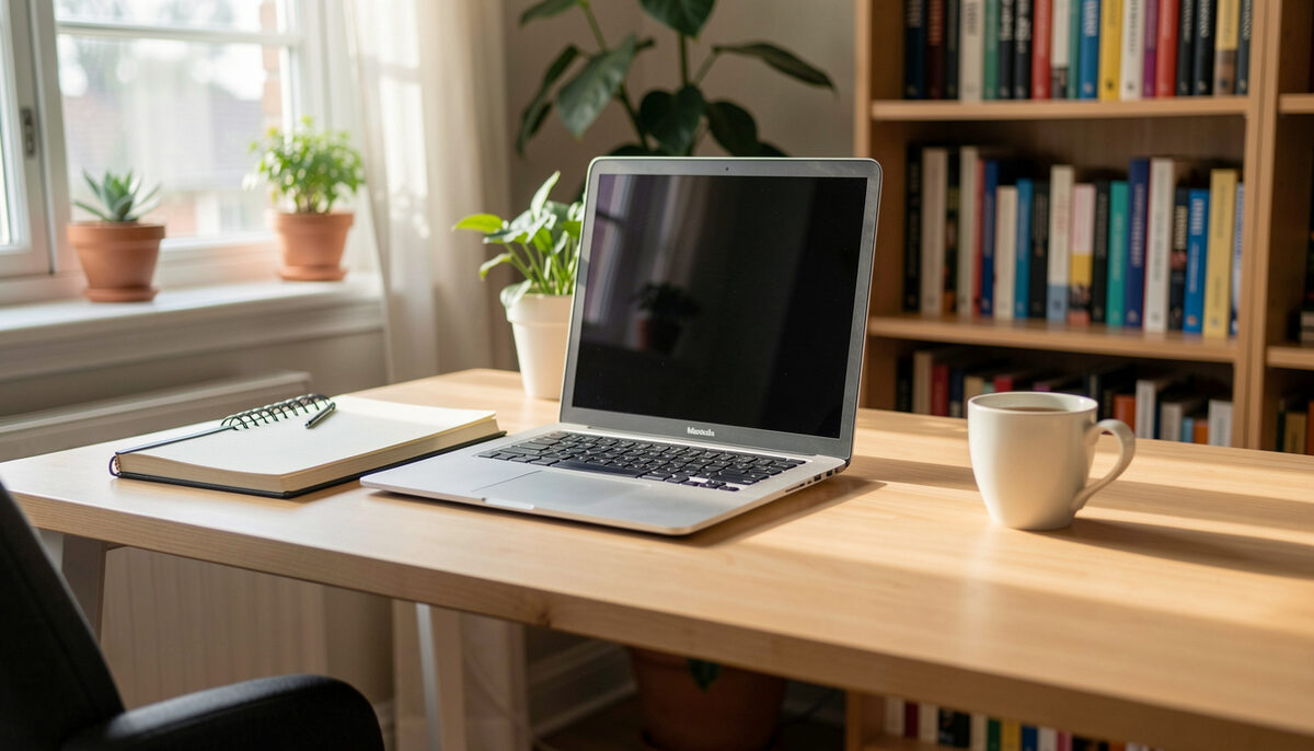 A laptop open on a plain desk beside a notebook and a cup of tea in a quiet home study in morning light