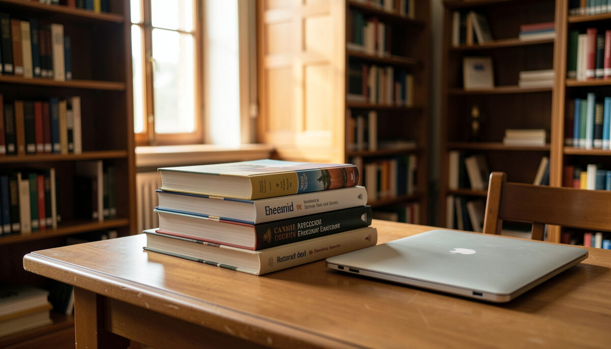 A library reading table with stacked reference books and a closed laptop beside them under warm light